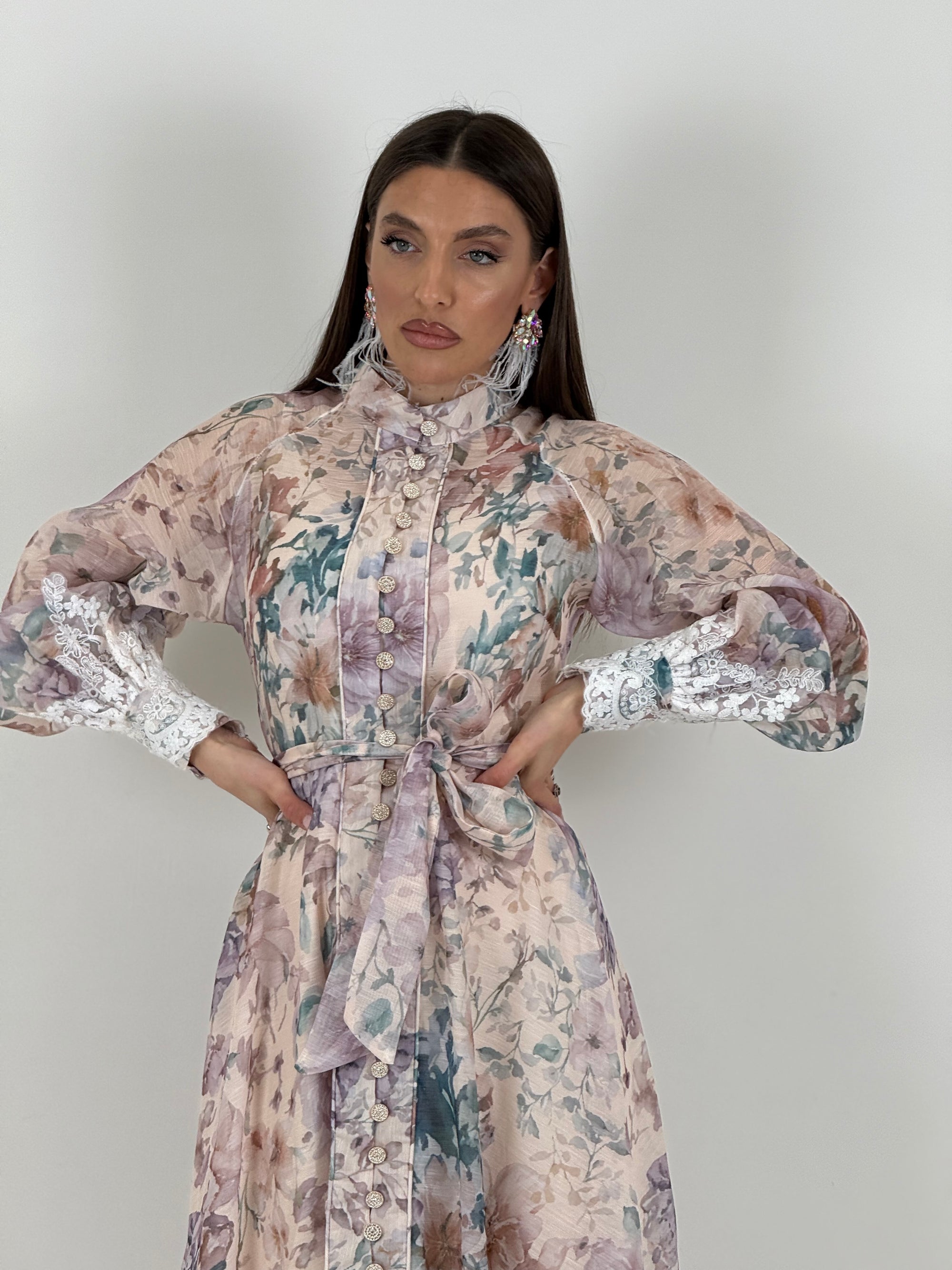 Abito MAESTÀ - abito in chiffon fantasia fiori con inserti in pizzo - collezione chic