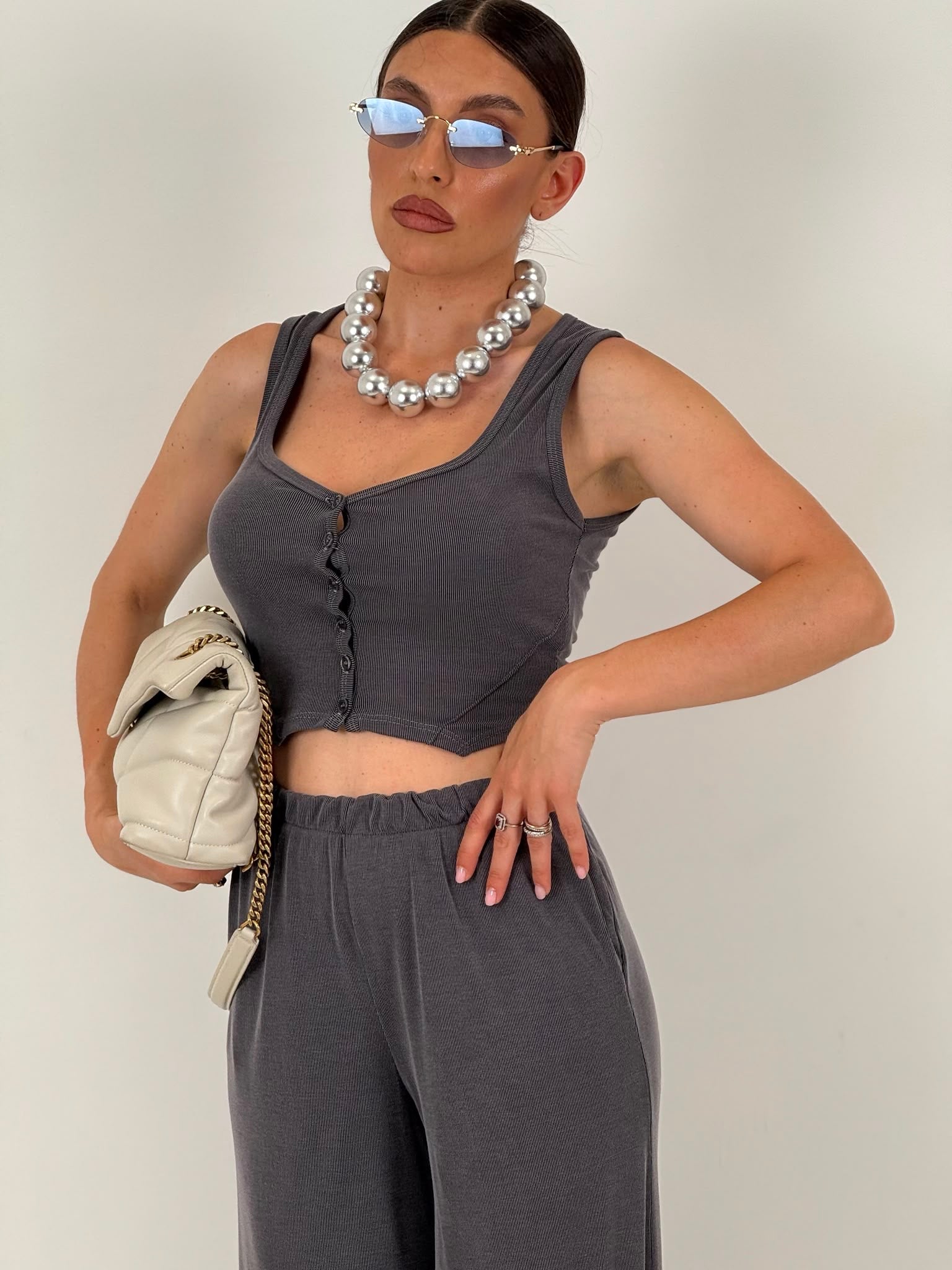Cordset GREY - completo composto da top corto, bottoni e pantalone palazzo
