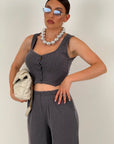 Cordset GREY - completo composto da top corto, bottoni e pantalone palazzo