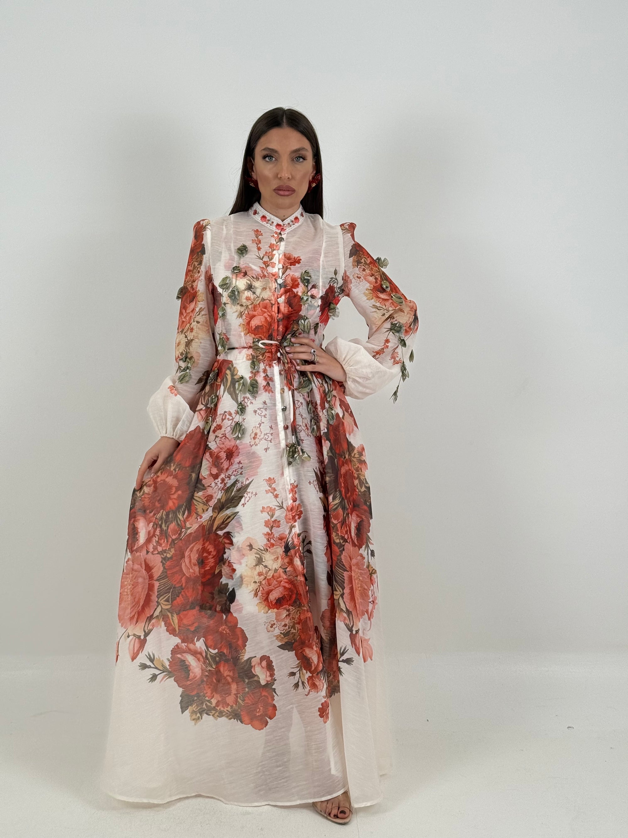 Abito PRINCESSE- abito lungo fantasia rose rosse con base bianca - collezione chic