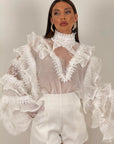 Camicia WHITE - camicia con trasparenze, pizzo e rouche
