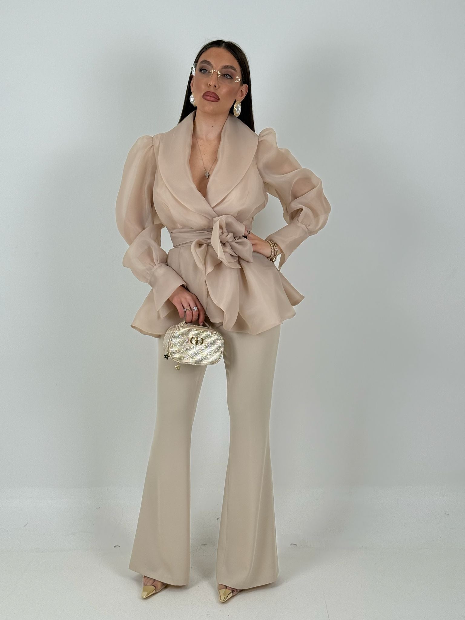 Tailleur MARYS - Tailleur sartoriale giacca in organza con cintura fascia larga nel punto vita e pantalone a zampa - top quality