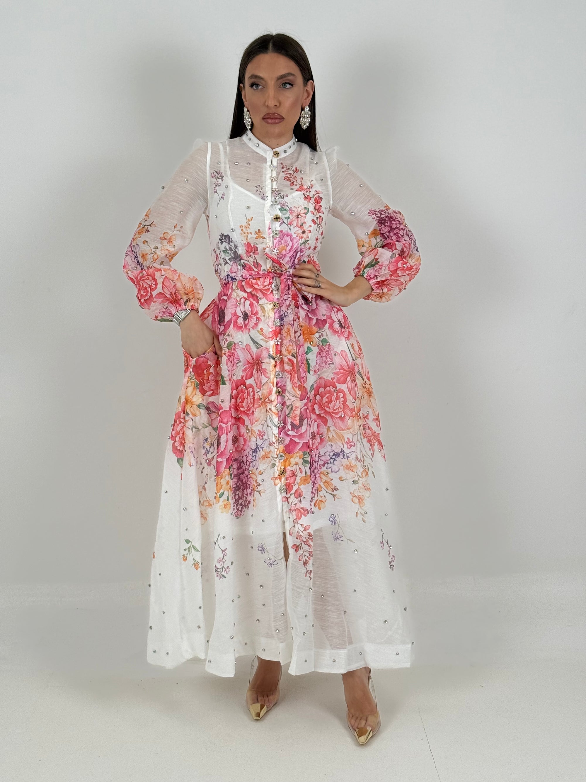 Abito GIGLIO - abito lungo fantasia fiori base bianca - collezione chic