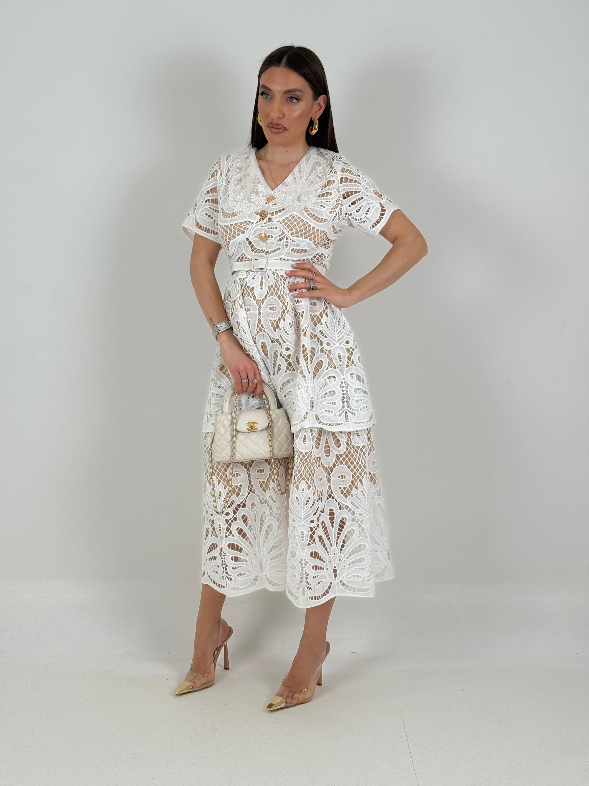 Abito BALZA - abito longuette in pizzo con bottoni gioiello - collezione chic