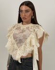 Camicia corta in pizzo con fiocchi laterali e contorno in pizzo francese sfrangiato