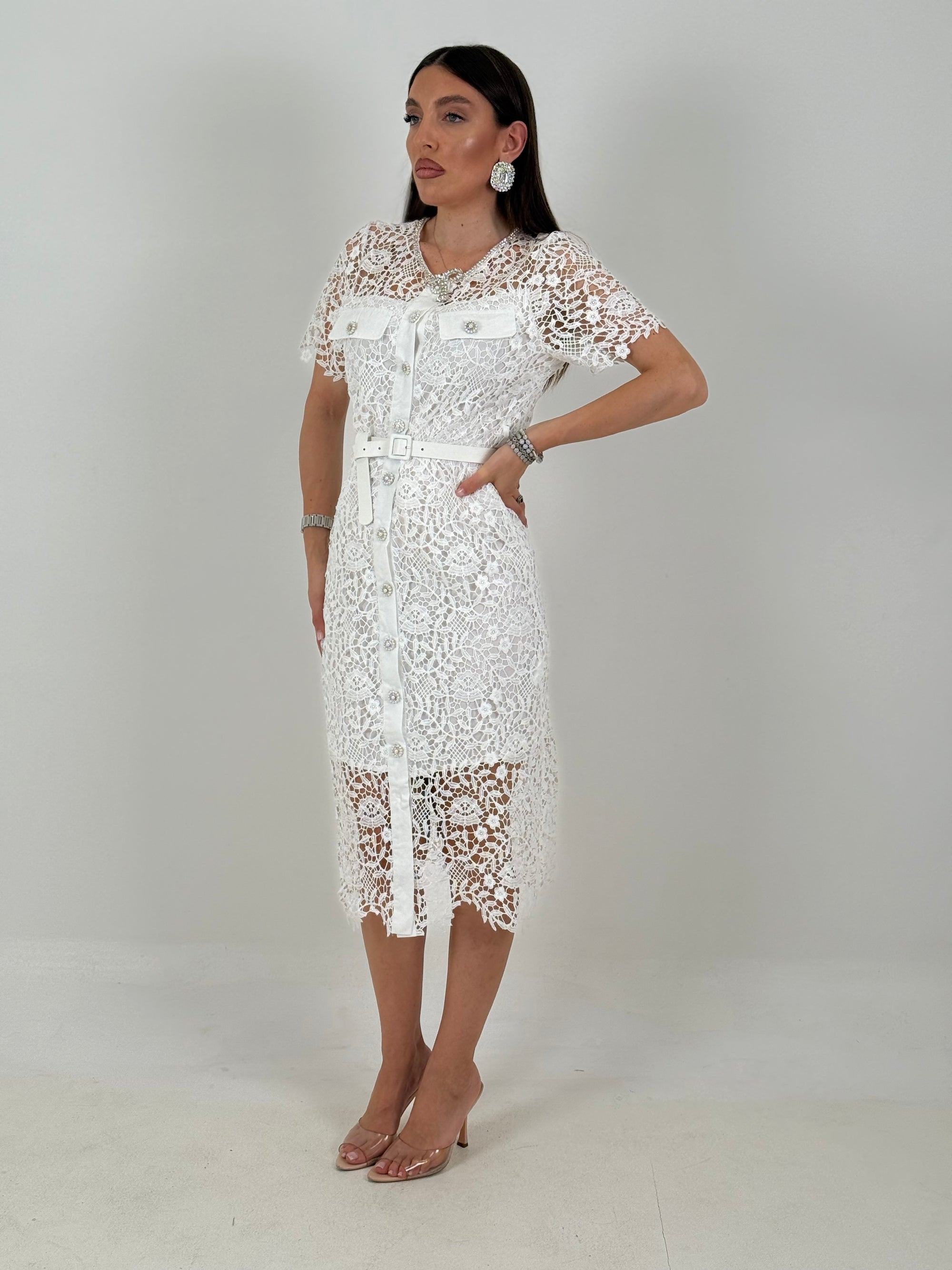 Abito BRILLANTINO - abito longuette in pizzo con bottoni gioiello - collezione chic