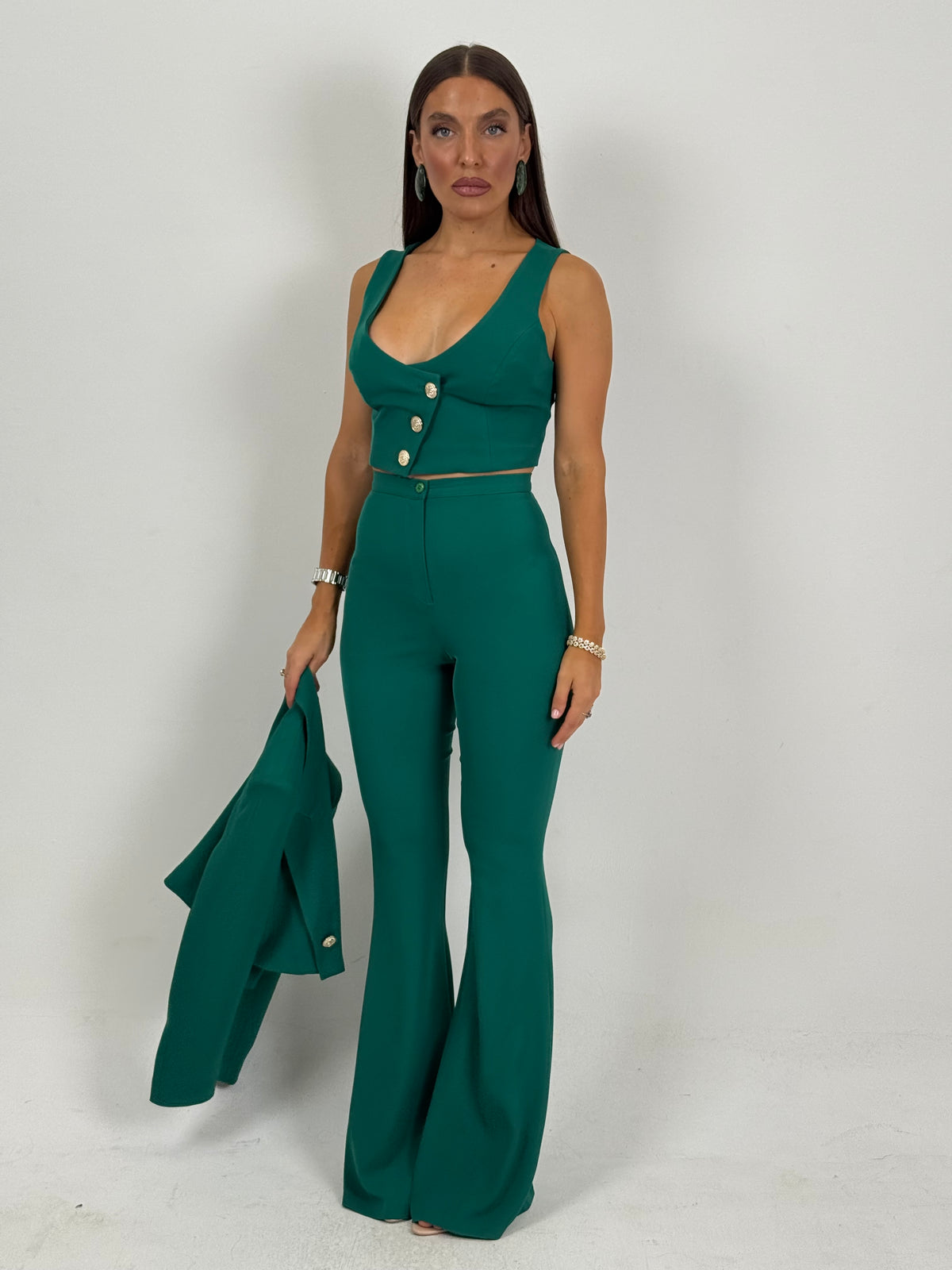 SALDO Tailleur VIOLANTE - Tailleur sartoriale 3 pezzi panciotto giacca corta e pantalone effetto guaina a zampa