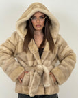 Pelliccia in visone crema N01 - taglio orizzontale con cappuccio - modello accappatoio - top quality