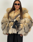 Pelliccia in volpe N213 - GOLDEN ISLAND - top quality - nuova - taglio a spiga con cappuccio e cintura