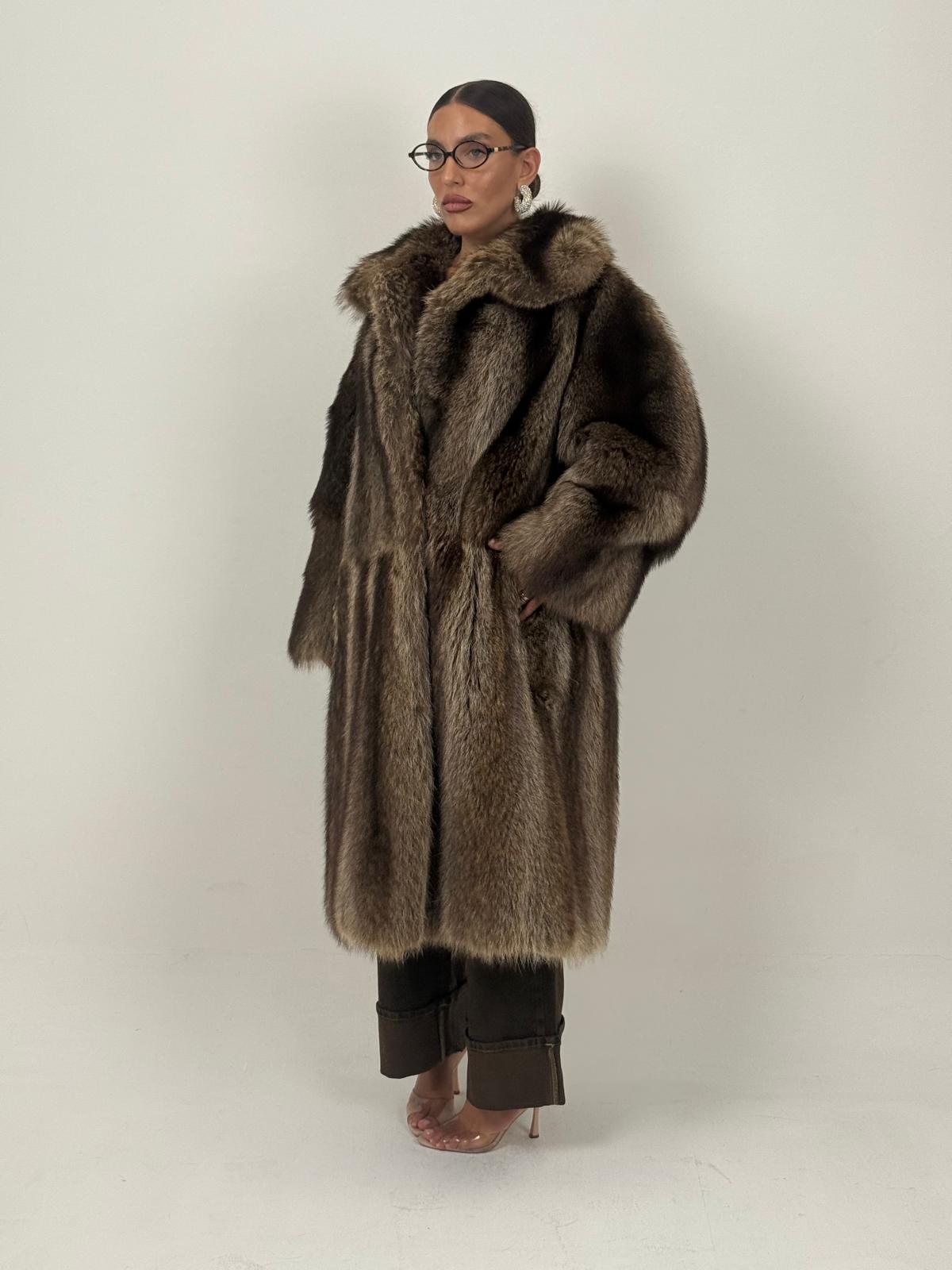 Pelliccia in marmotta N55 - cappotto lungo con collo sciallato - top quality