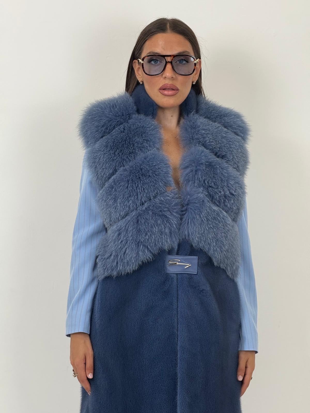 Pelliccia in visone con collo in volpe N93 - gilet in visone Celeste finto Smanicato taglio orizzontale in volpe NUOVO
