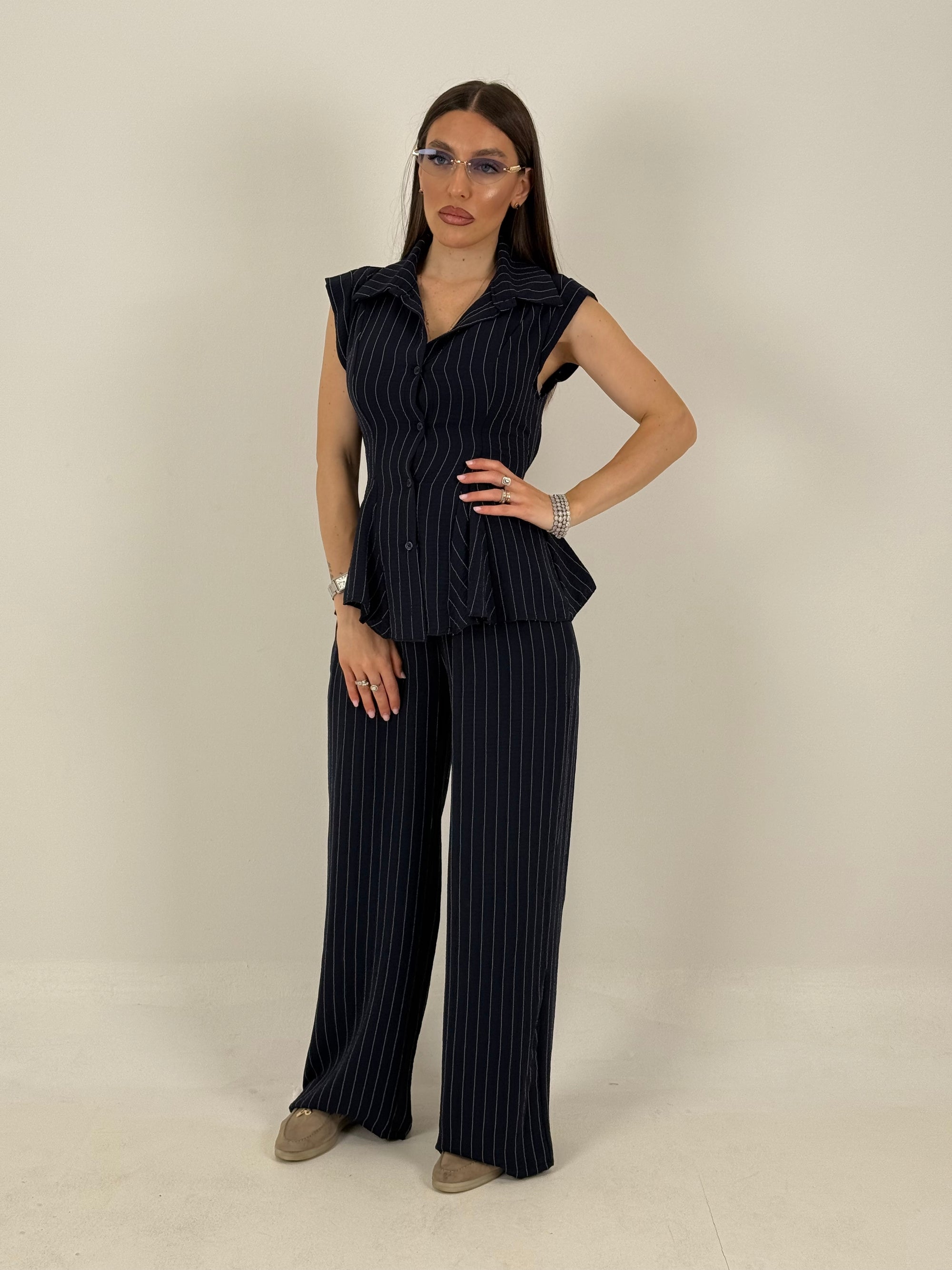 Cordset CARLETTA - completo giacca a giromanica e pantalone gessato