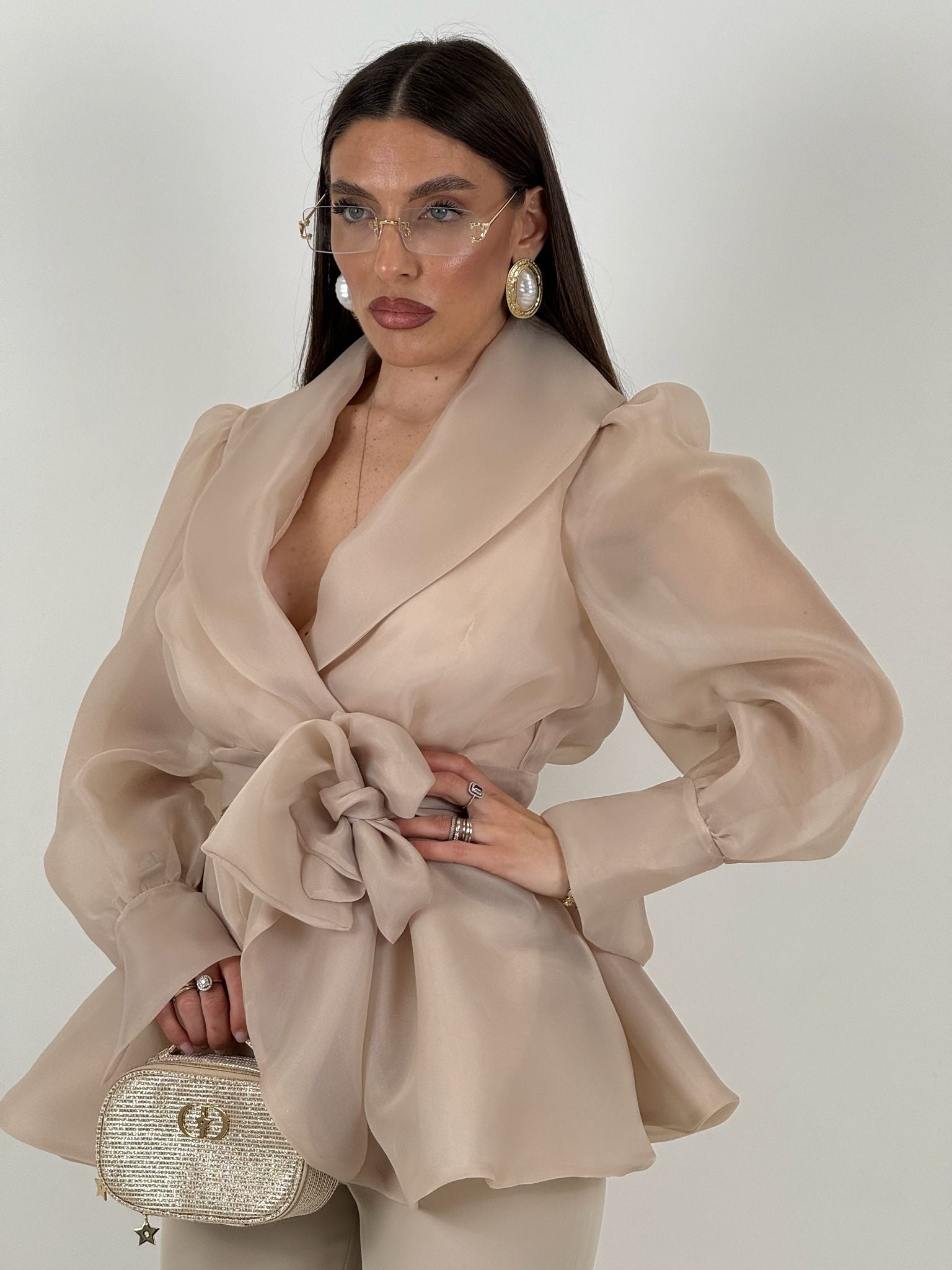 Tailleur MARYS - Tailleur sartoriale giacca in organza con cintura fascia larga nel punto vita e pantalone a zampa - top quality