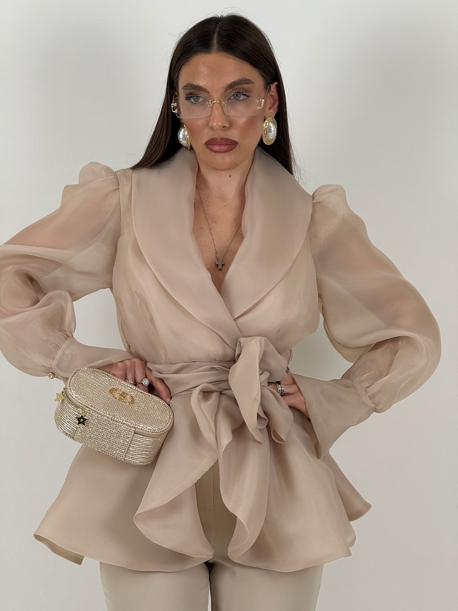 Tailleur MARYS - Tailleur sartoriale giacca in organza con cintura fascia larga nel punto vita e pantalone a zampa - top quality