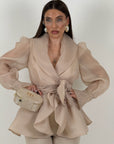 Tailleur MARYS - Tailleur sartoriale giacca in organza con cintura fascia larga nel punto vita e pantalone a zampa - top quality