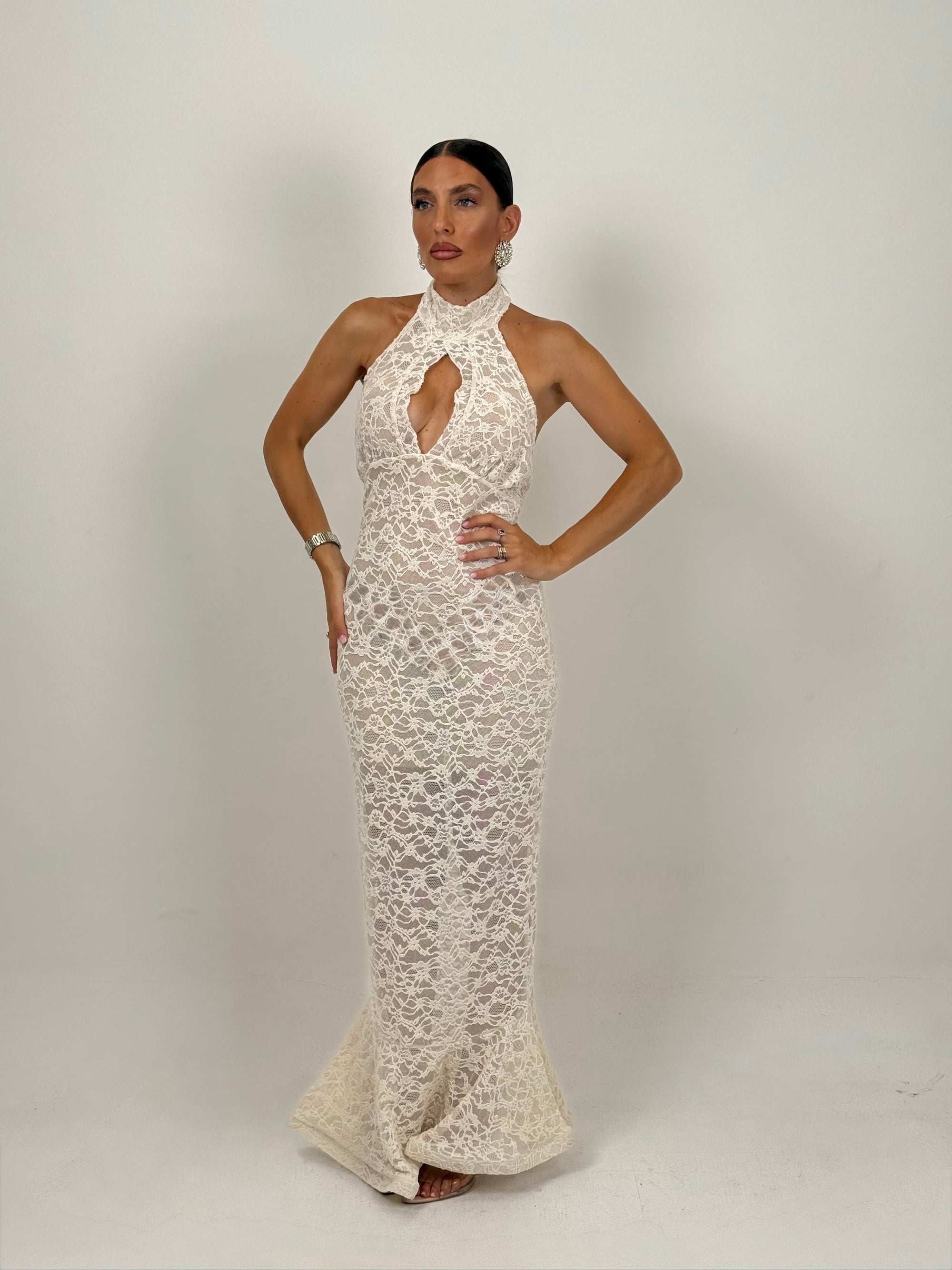 Abito PEARL - abito lungo in pizzo scollo all americana con corpetto particolare