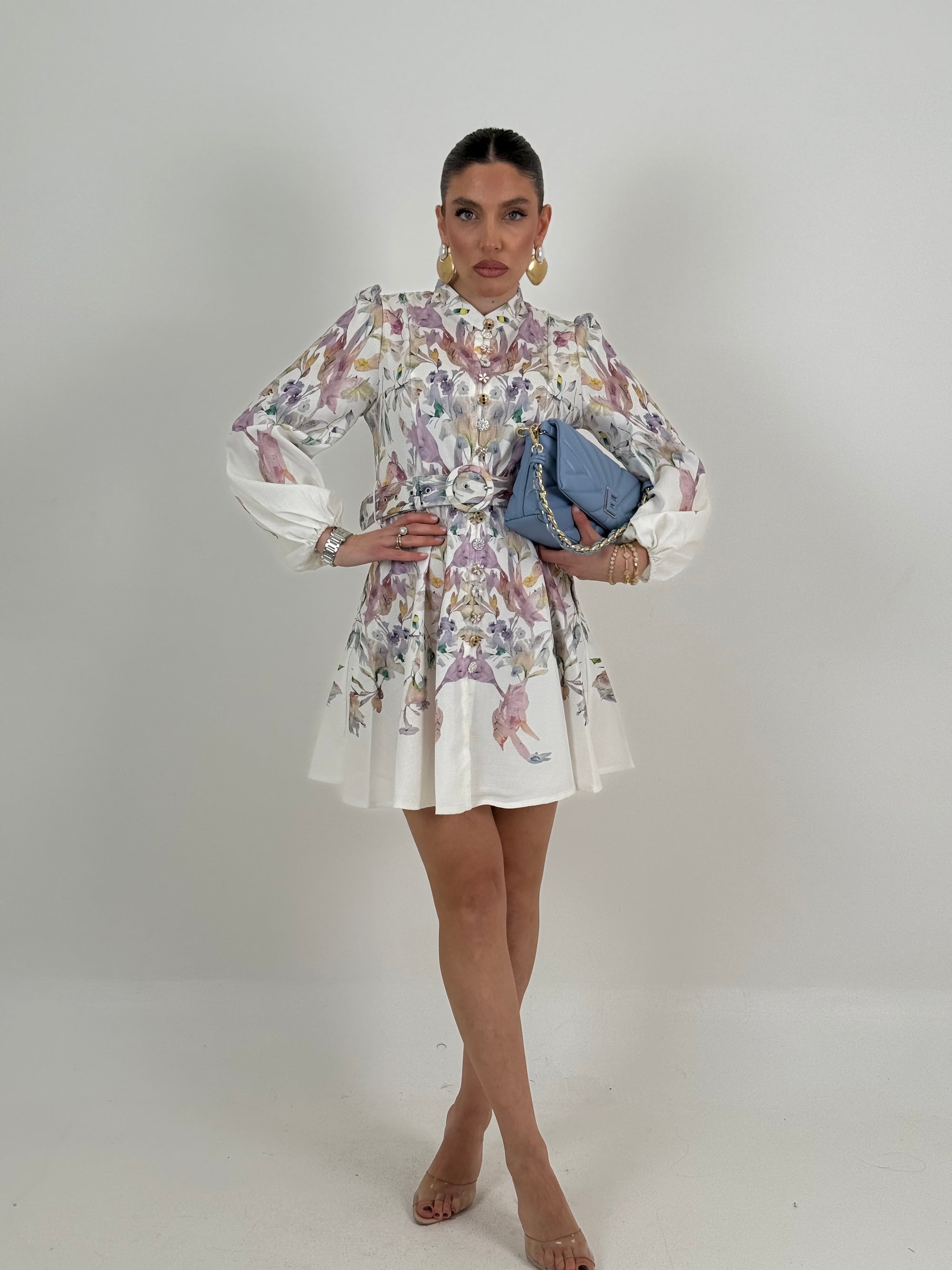 Abito BOLKAN - abito corto, fantasia fiori con Cintura nel punto vita - collezione chic