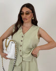 Tailleur corto simil lino - tessuto fresco - giacca modello panciotto e pantaloncino lungo