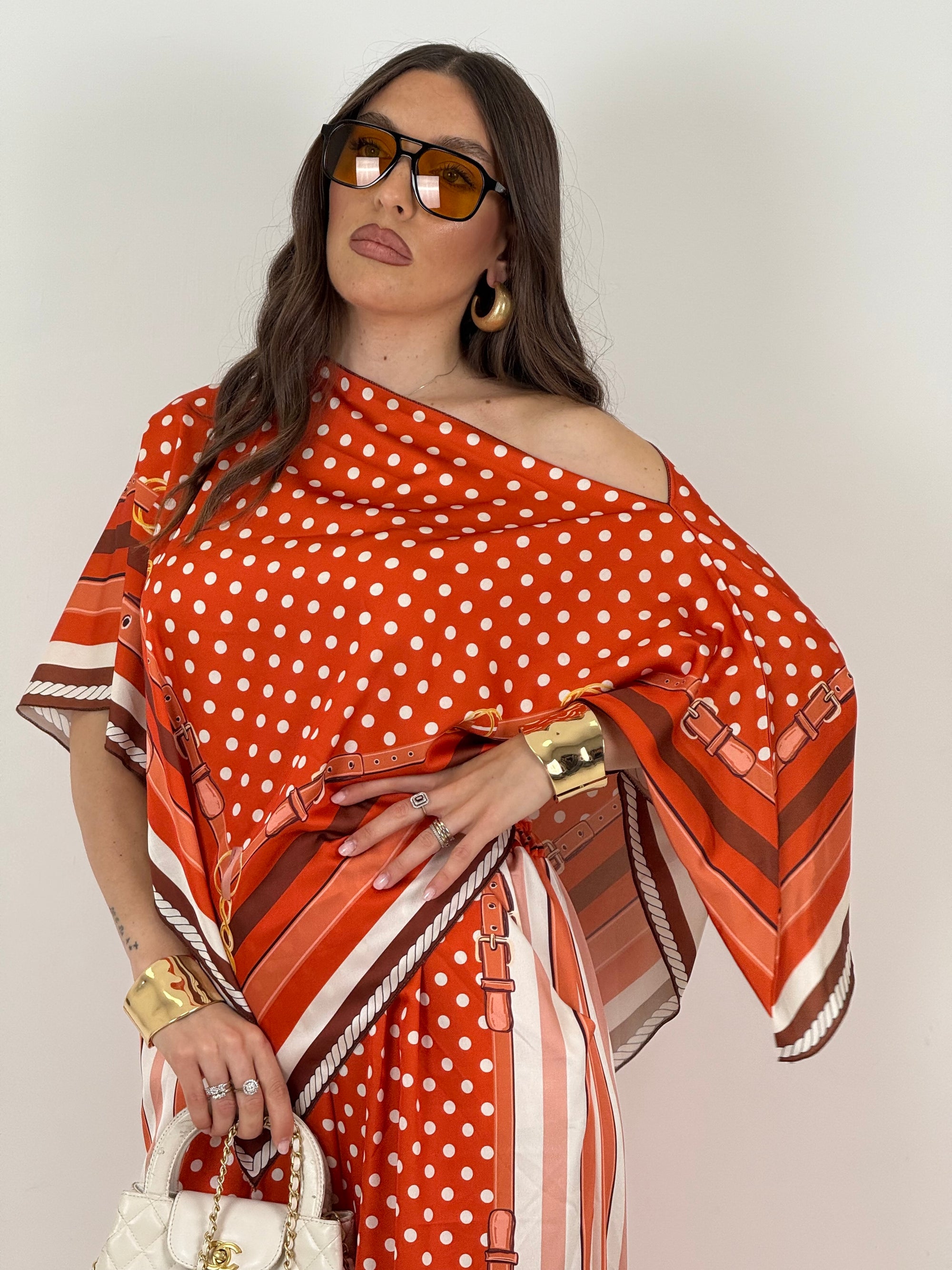 COMPLETO RIGAS - mantella e pantaloni palazzo effetto seta fantasia righe e pois