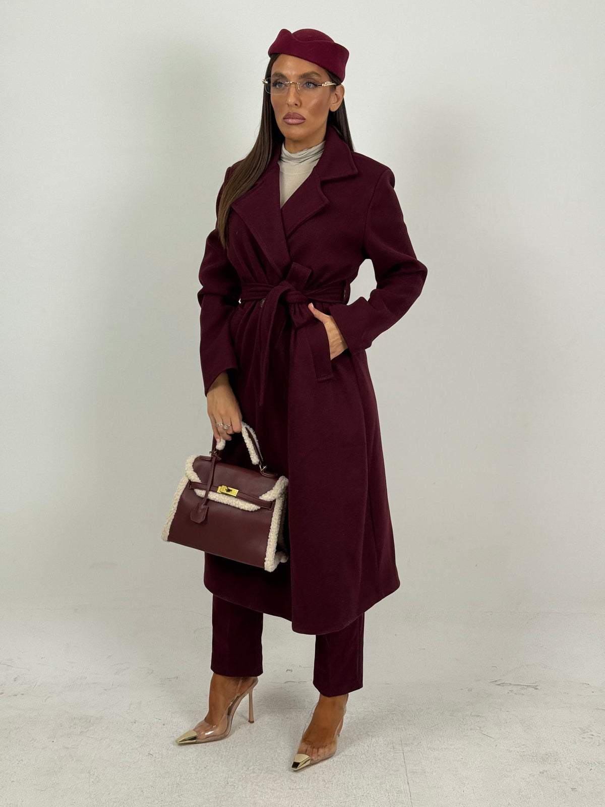 Cappotto autumn - cappotto in panno con collo largo e cintura nel punto vita
