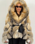 Pelliccia in volpe N213 - GOLDEN ISLAND - top quality - nuova - taglio a spiga con cappuccio e cintura