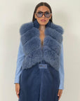 Pelliccia in visone con collo in volpe N93 - gilet in visone Celeste finto Smanicato taglio orizzontale in volpe NUOVO