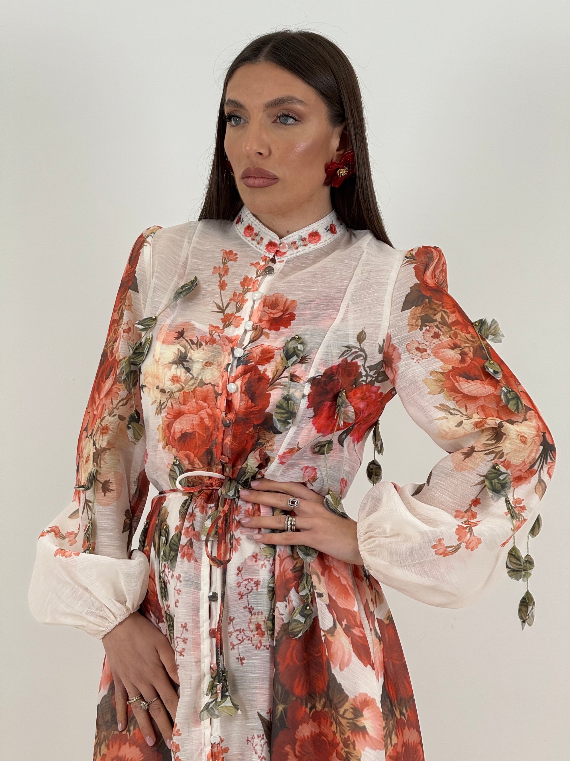 Abito PRINCESSE- abito lungo fantasia rose rosse con base bianca - collezione chic