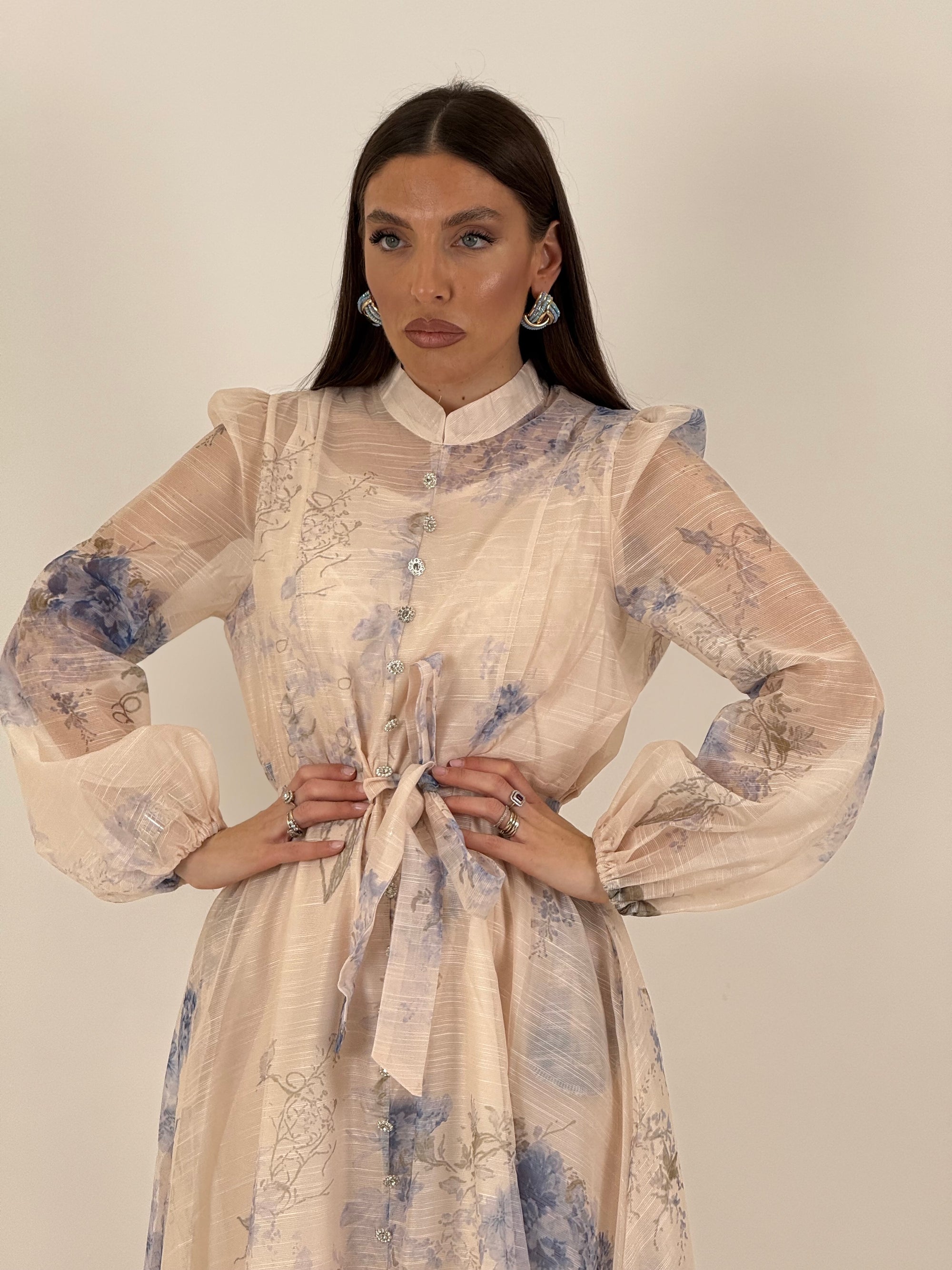 Abito lungo ciclamino - abito lungo in chiffon con fiori celeste e bianco - collezione chic