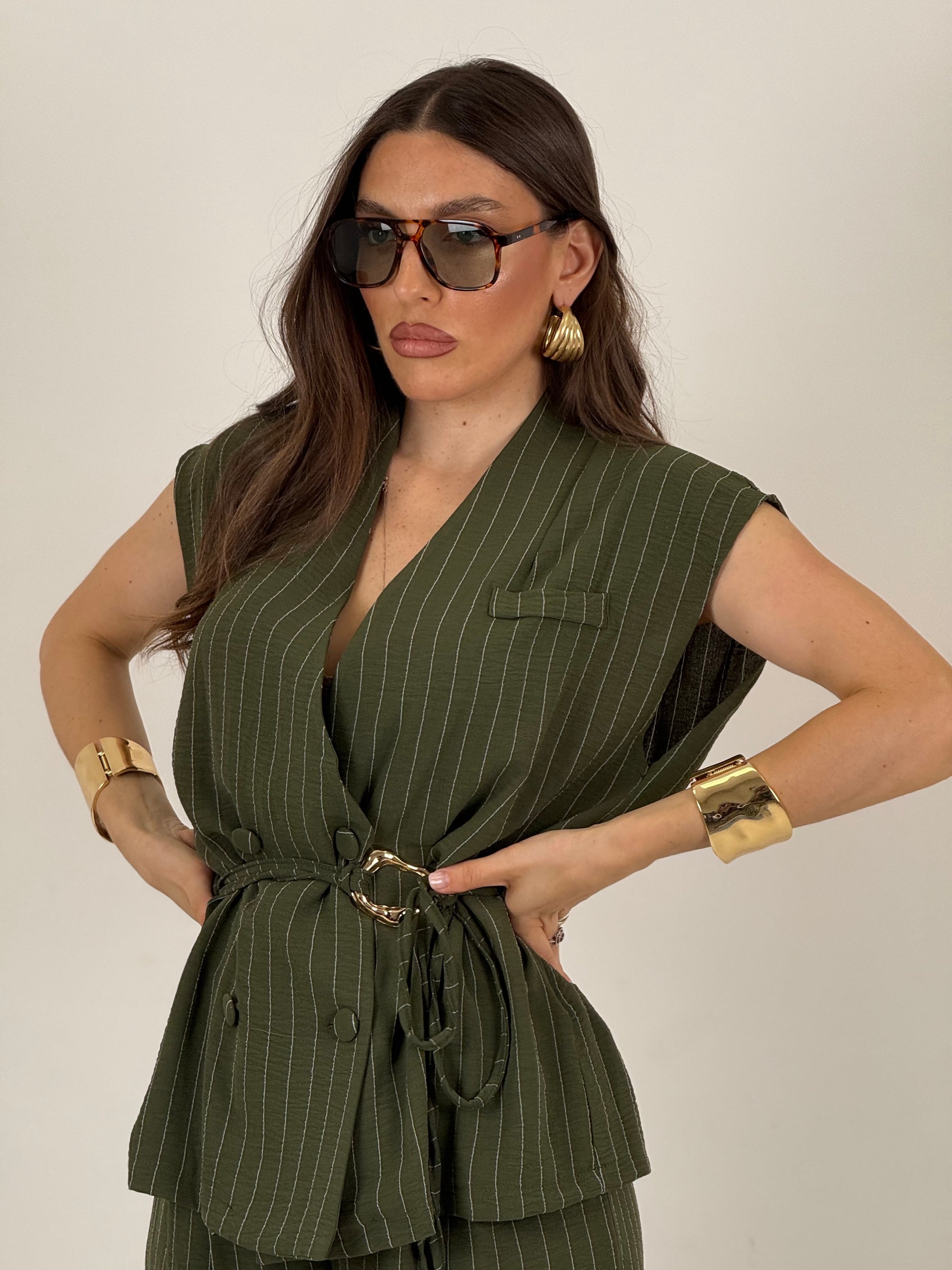 Tailleur SAPRI - tailleur giacca giro manica con cintura in vita e pantaloni palazzo - fantasia gessata
