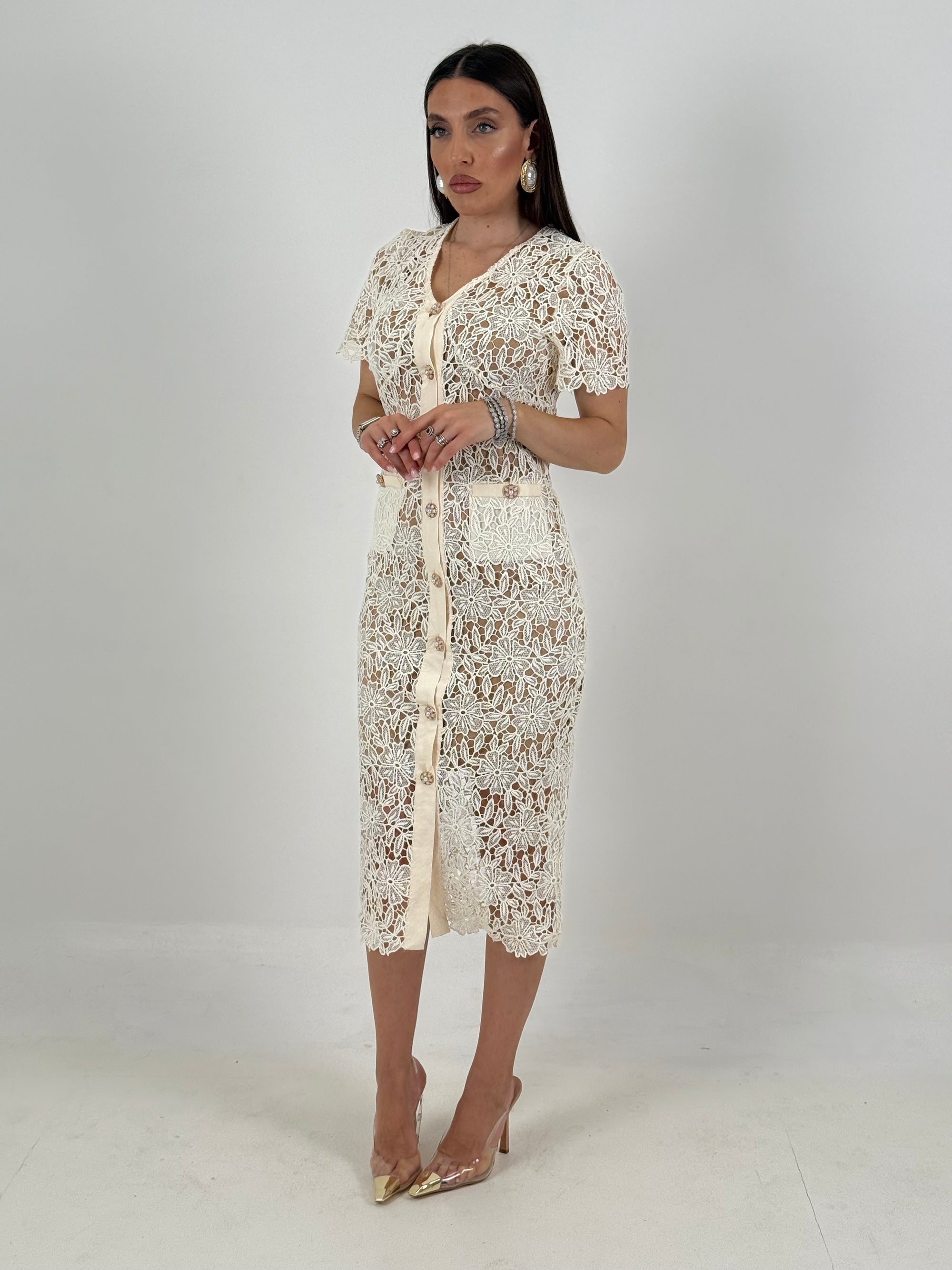 Abito ERMANN - abito longuette in pizzo crema con bottoni gioiello - collezione chic