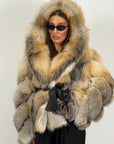 Pelliccia in volpe N213 - GOLDEN ISLAND - top quality - nuova - taglio a spiga con cappuccio e cintura