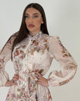 Abito FRIDA - Abito lungo base cream con fiori colorati - manica a palloncino velata , bottoni gioiello Cintura nel punto Vita - COLLEZIONE CHIC