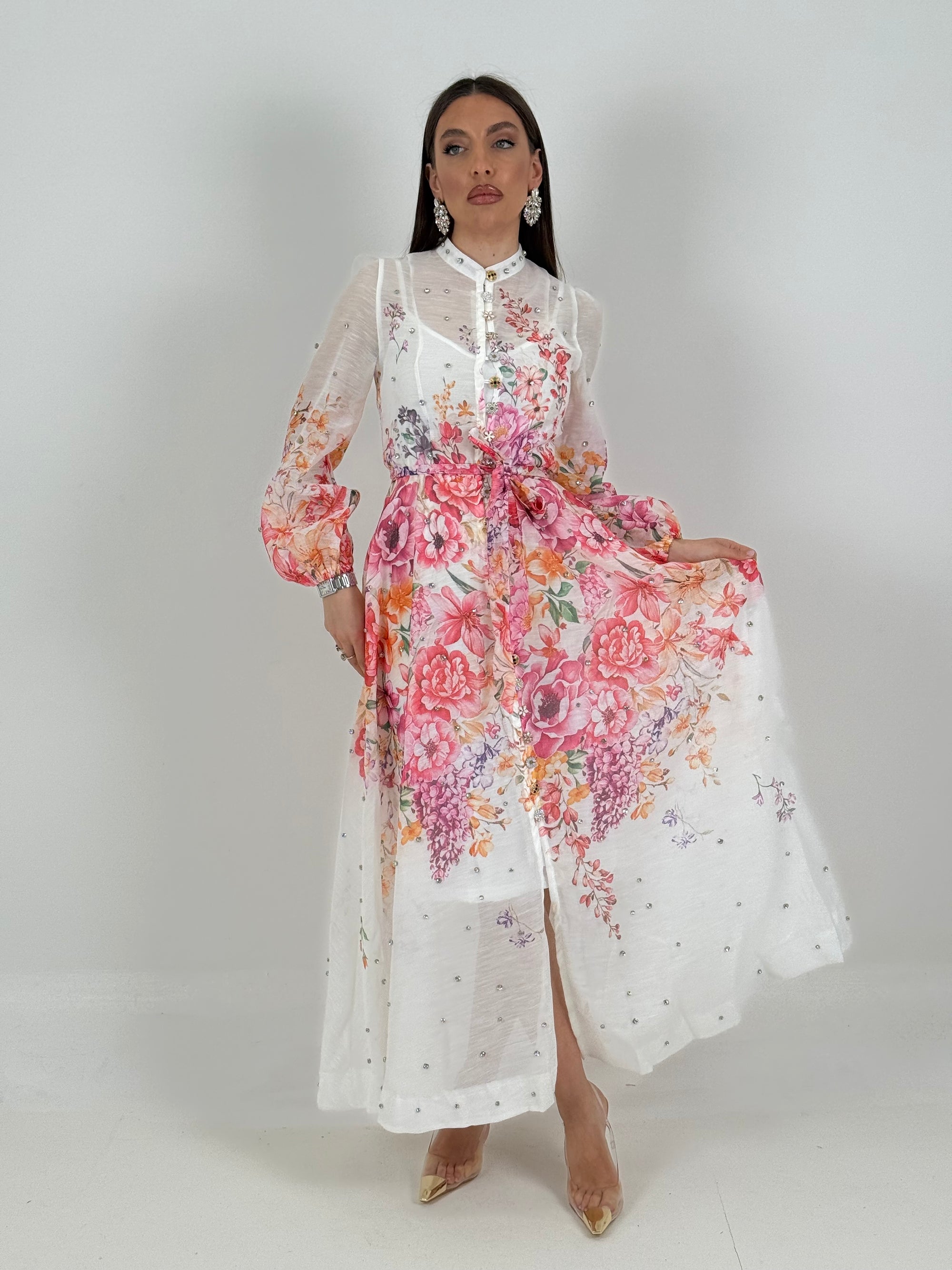 Abito GIGLIO - abito lungo fantasia fiori base bianca - collezione chic