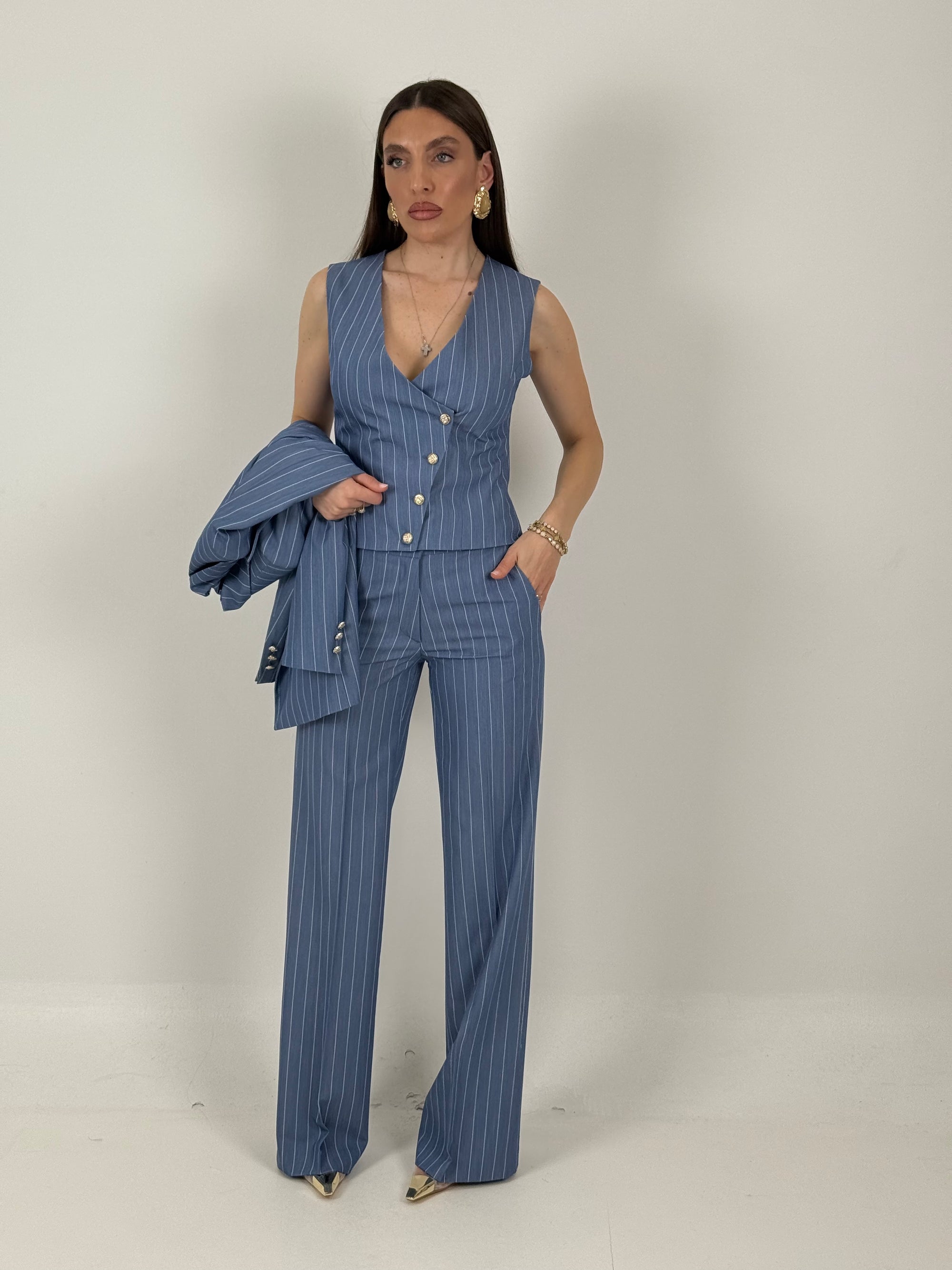 Tailleur PARADISE - tailleur sartoriale tre pezzi - fantasia gessata - panciotto pantalone palazzo e giacca monopetto