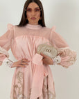 Abito golden - abito lungo con a palloncino e polsino- gonna lunga con balze e cinture in organza nel punto vita- Best Seller della collezione chic
