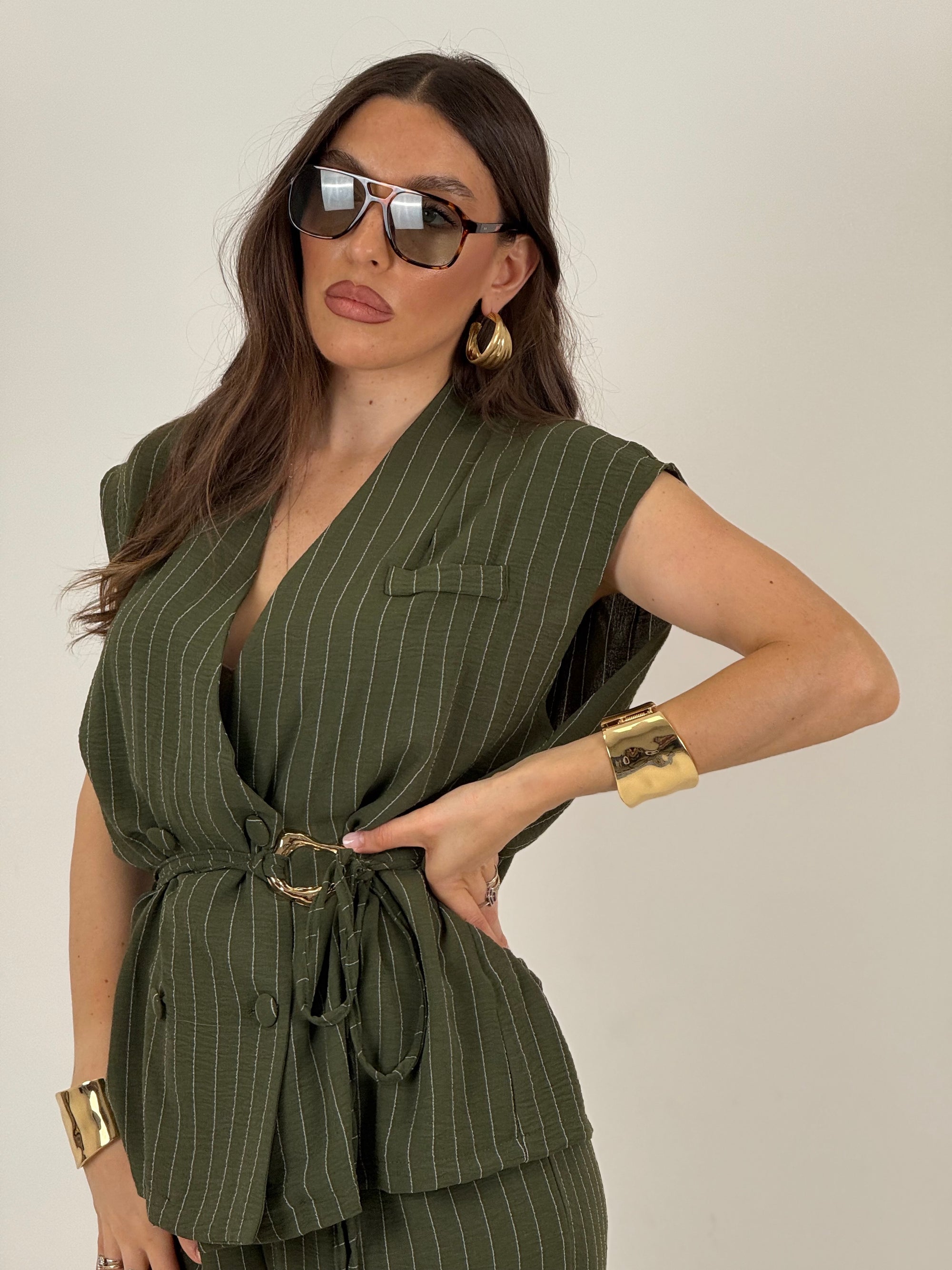 Tailleur SAPRI - tailleur giacca giro manica con cintura in vita e pantaloni palazzo - fantasia gessata