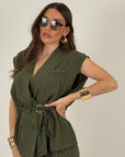 Tailleur SAPRI - tailleur giacca giro manica con cintura in vita e pantaloni palazzo - fantasia gessata