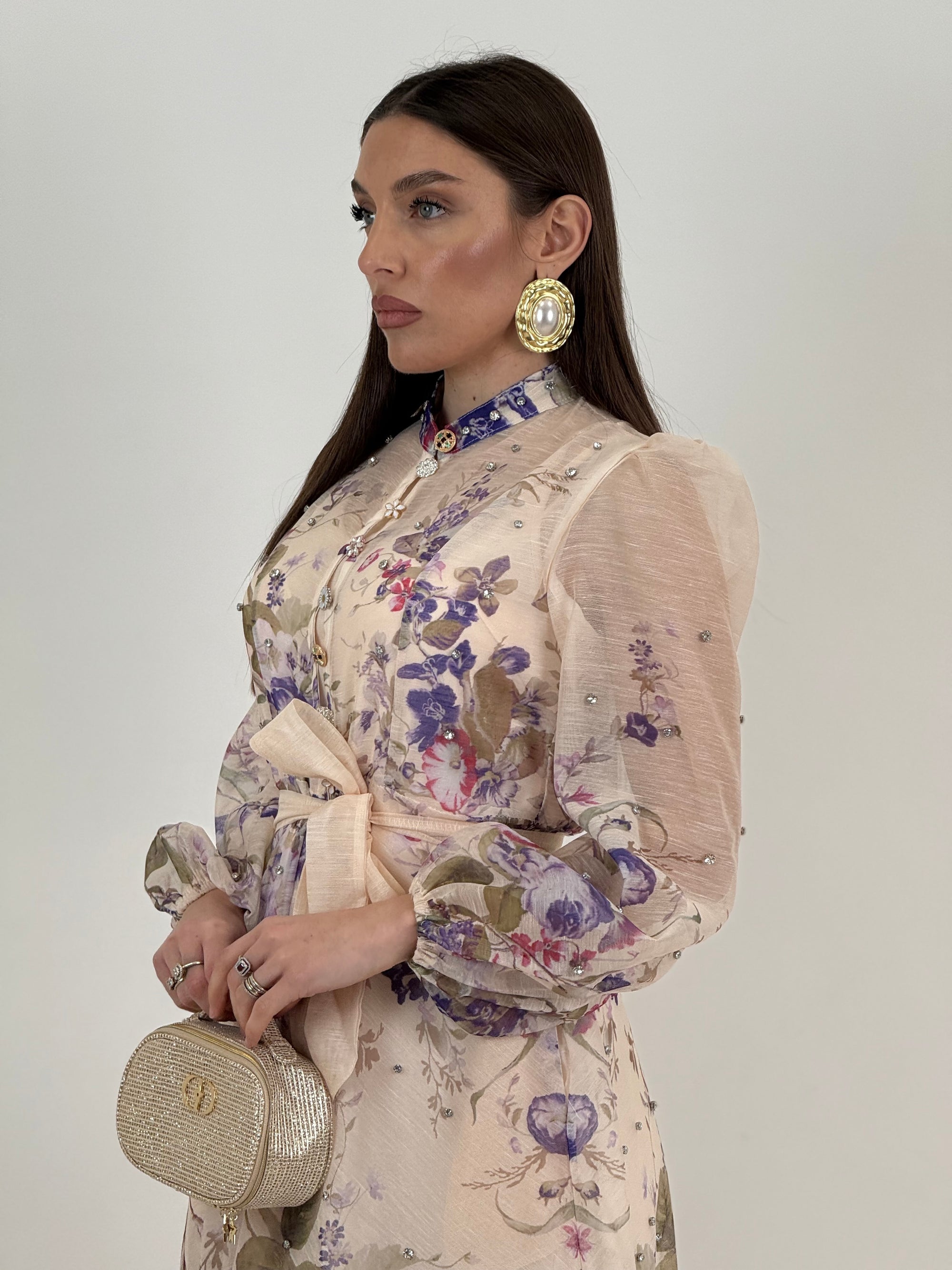 Abito LILLAC - abito lungo con cintura nel punto vita, fantasia fiori fucsia e lilla - collezione chic