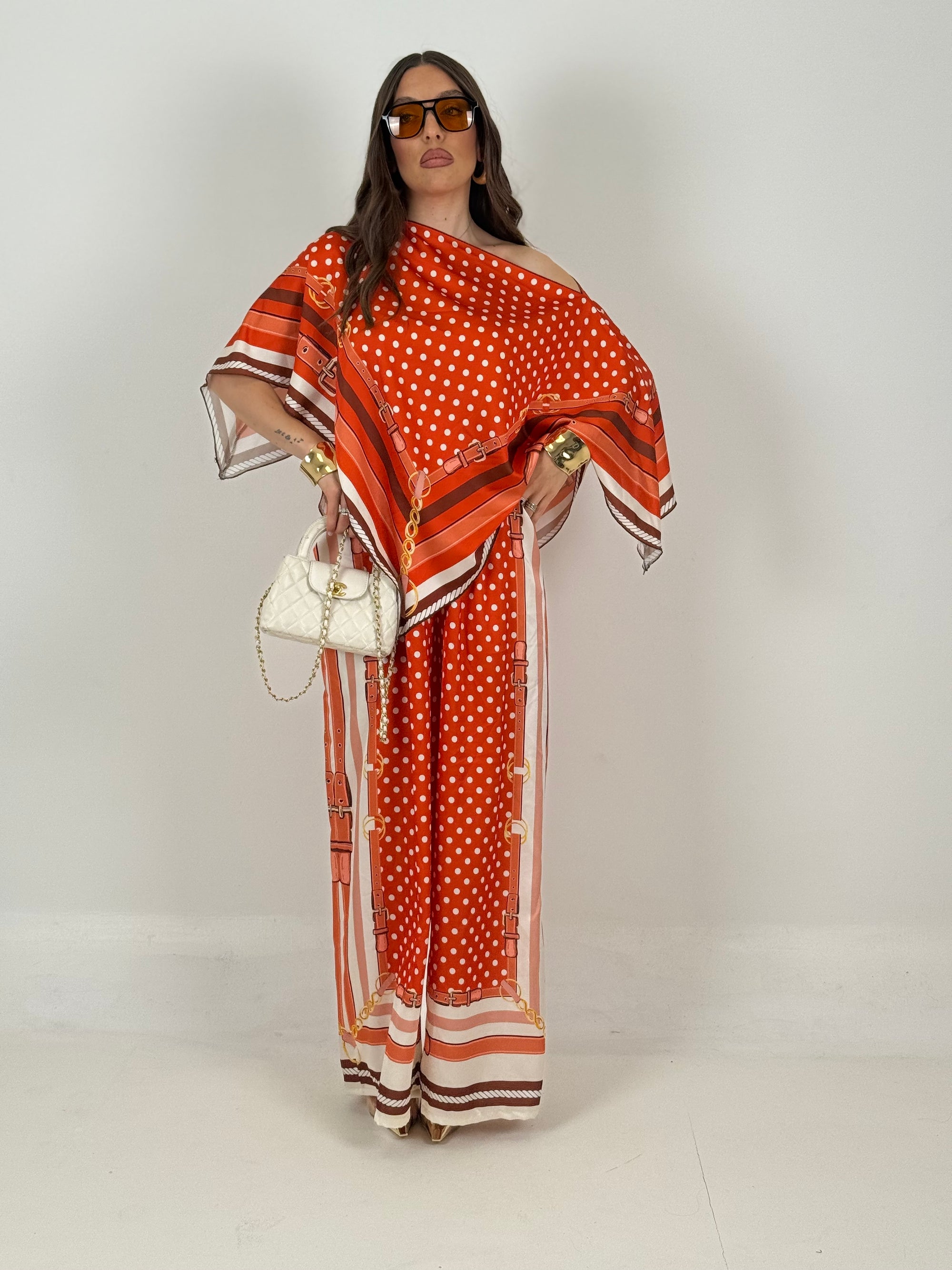 COMPLETO RIGAS - mantella e pantaloni palazzo effetto seta fantasia righe e pois