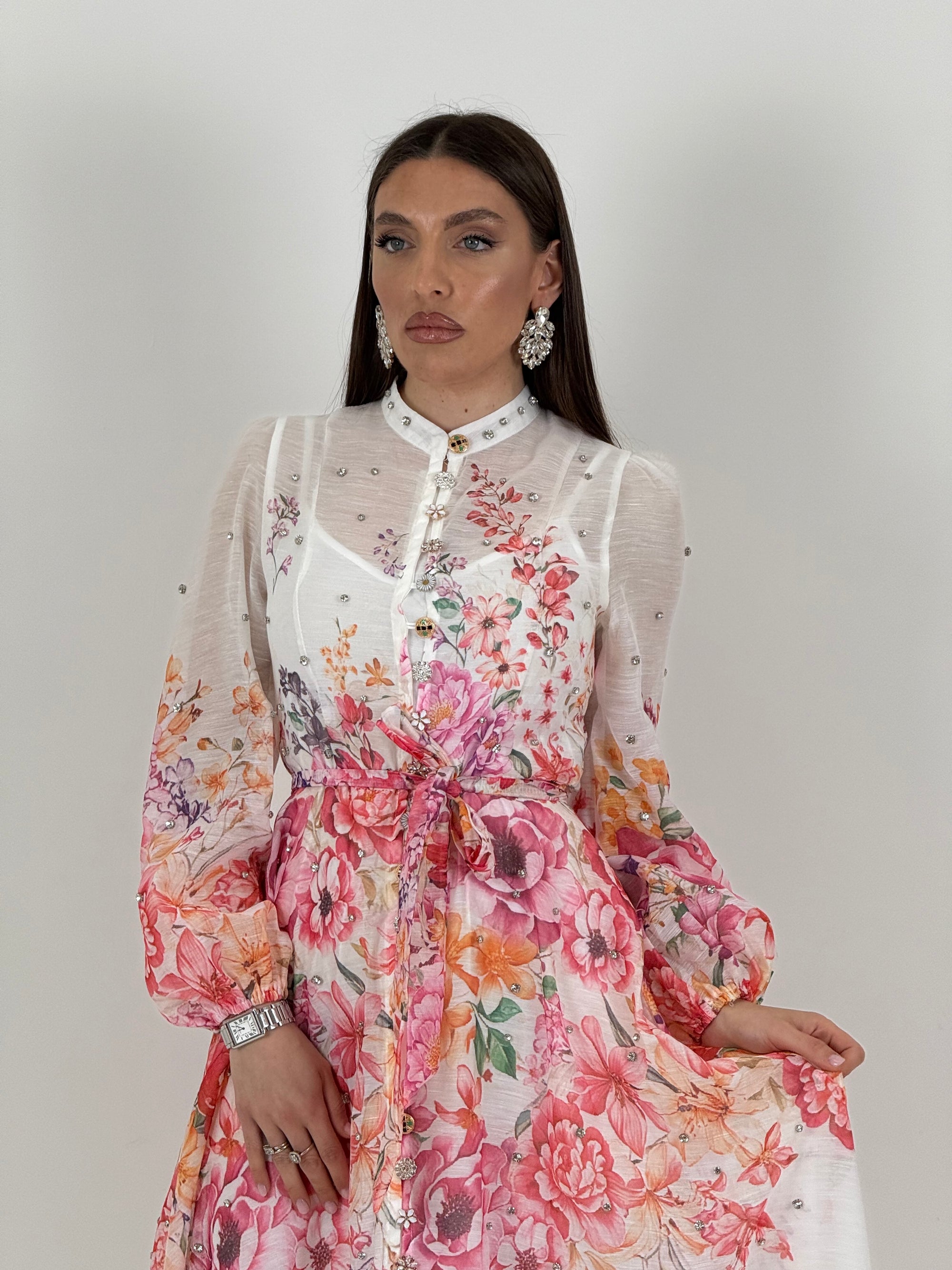 Abito GIGLIO - abito lungo fantasia fiori base bianca - collezione chic