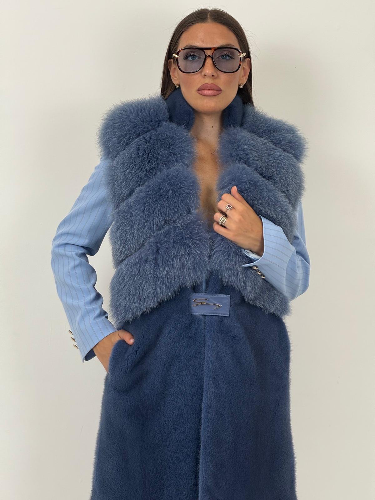 Pelliccia in visone con collo in volpe N93 - gilet in visone Celeste finto Smanicato taglio orizzontale in volpe NUOVO