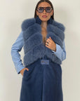 Pelliccia in visone con collo in volpe N93 - gilet in visone Celeste finto Smanicato taglio orizzontale in volpe NUOVO