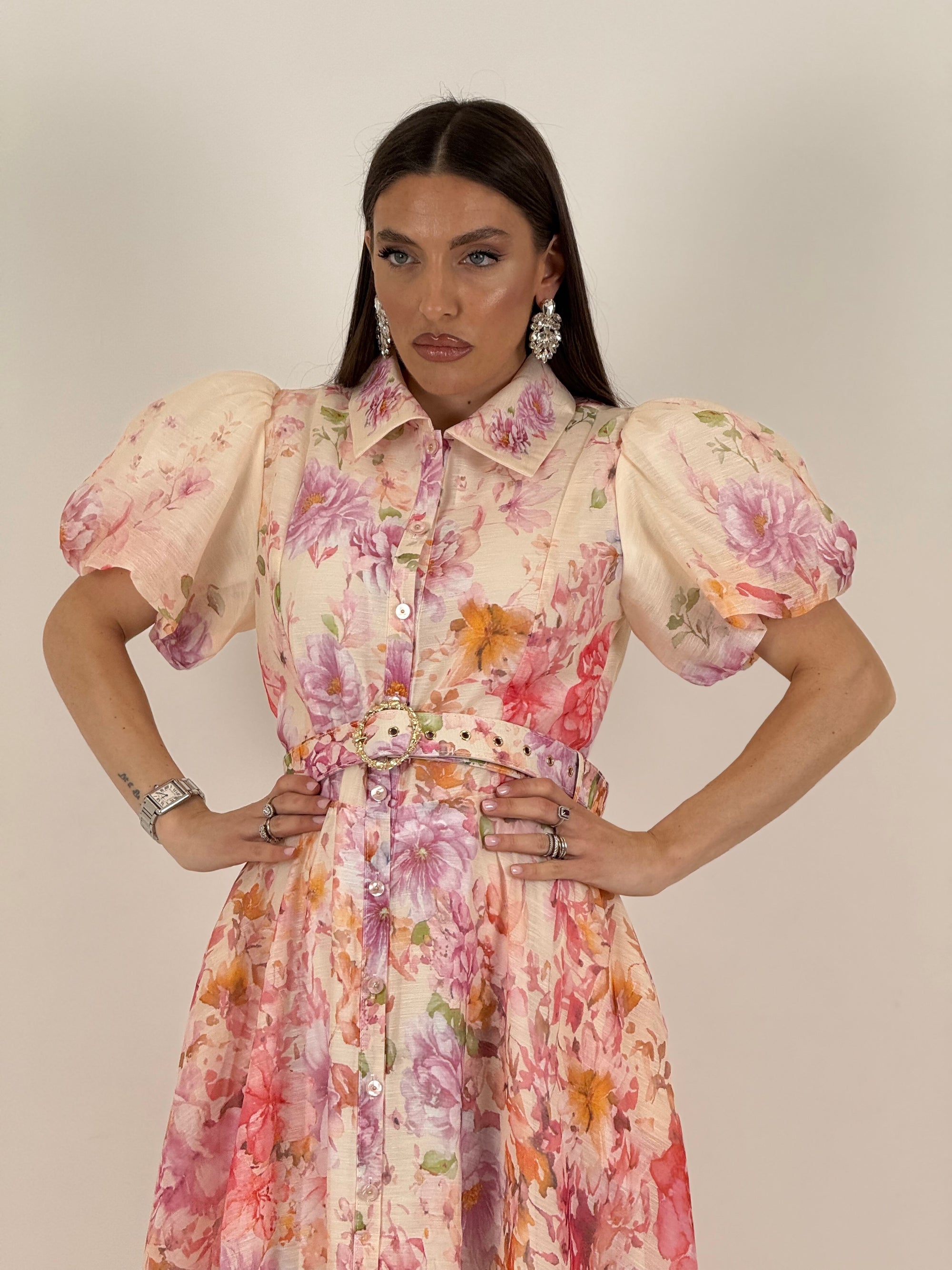 Abito CREAM - abito lungo fantasia a fiori con manica corta a palloncino e cintura in vita - collezione chic
