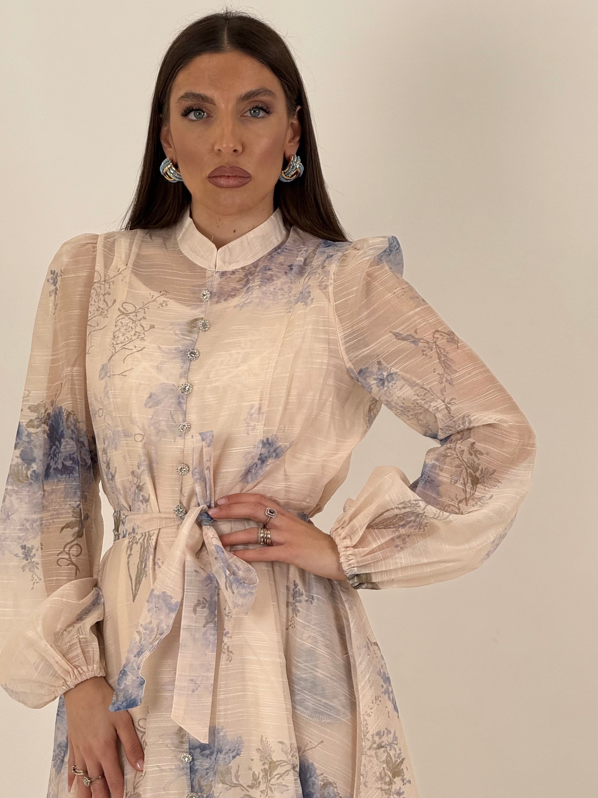 Abito lungo ciclamino - abito lungo in chiffon con fiori celeste e bianco - collezione chic