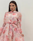Abito NAIRA - abito lungo in chiffon fantasia a fiori rosa e pesca - collezione chic