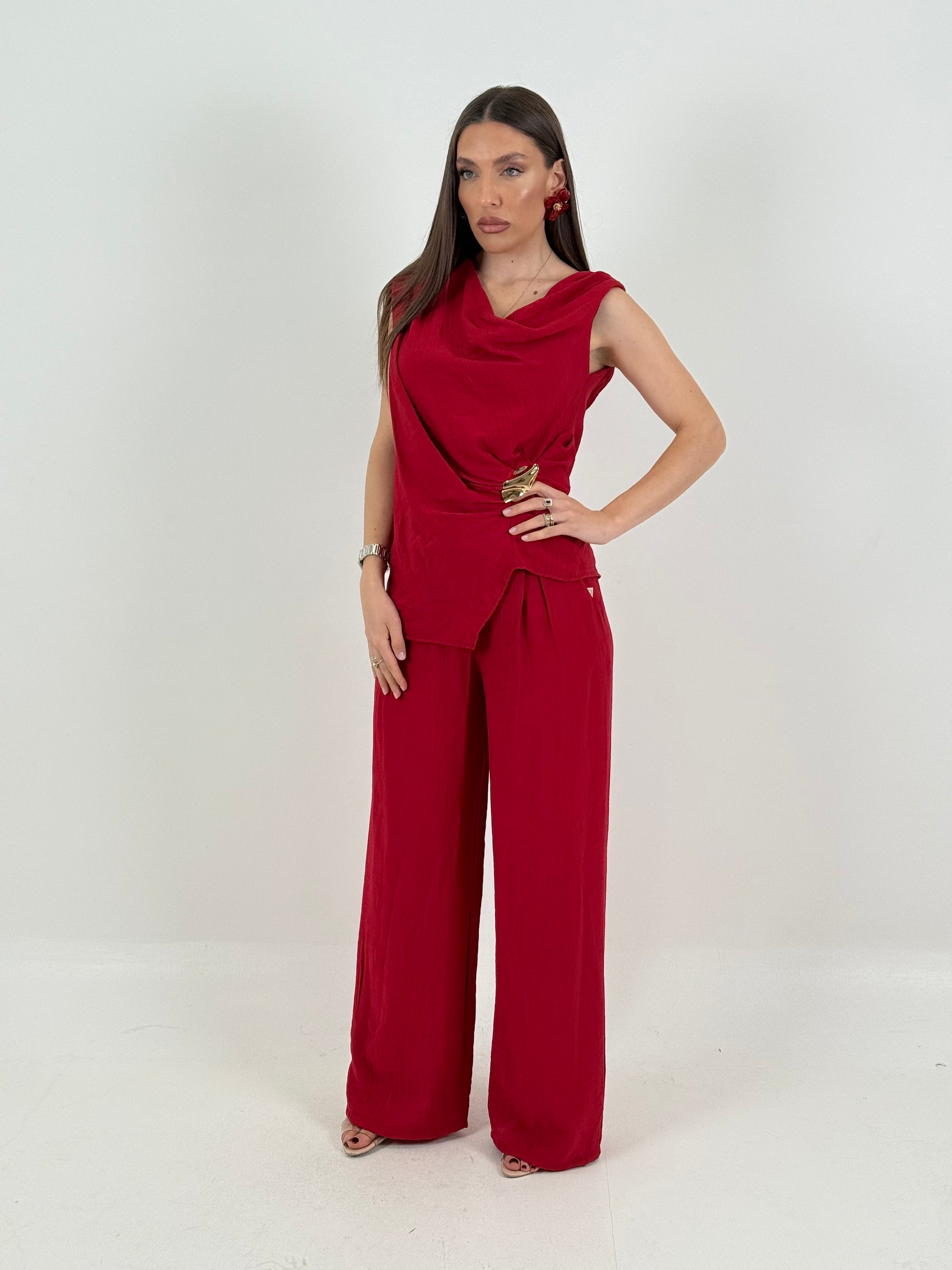 Completo BIANCA - completo top con dettaglio dorato e pantalone palazzo