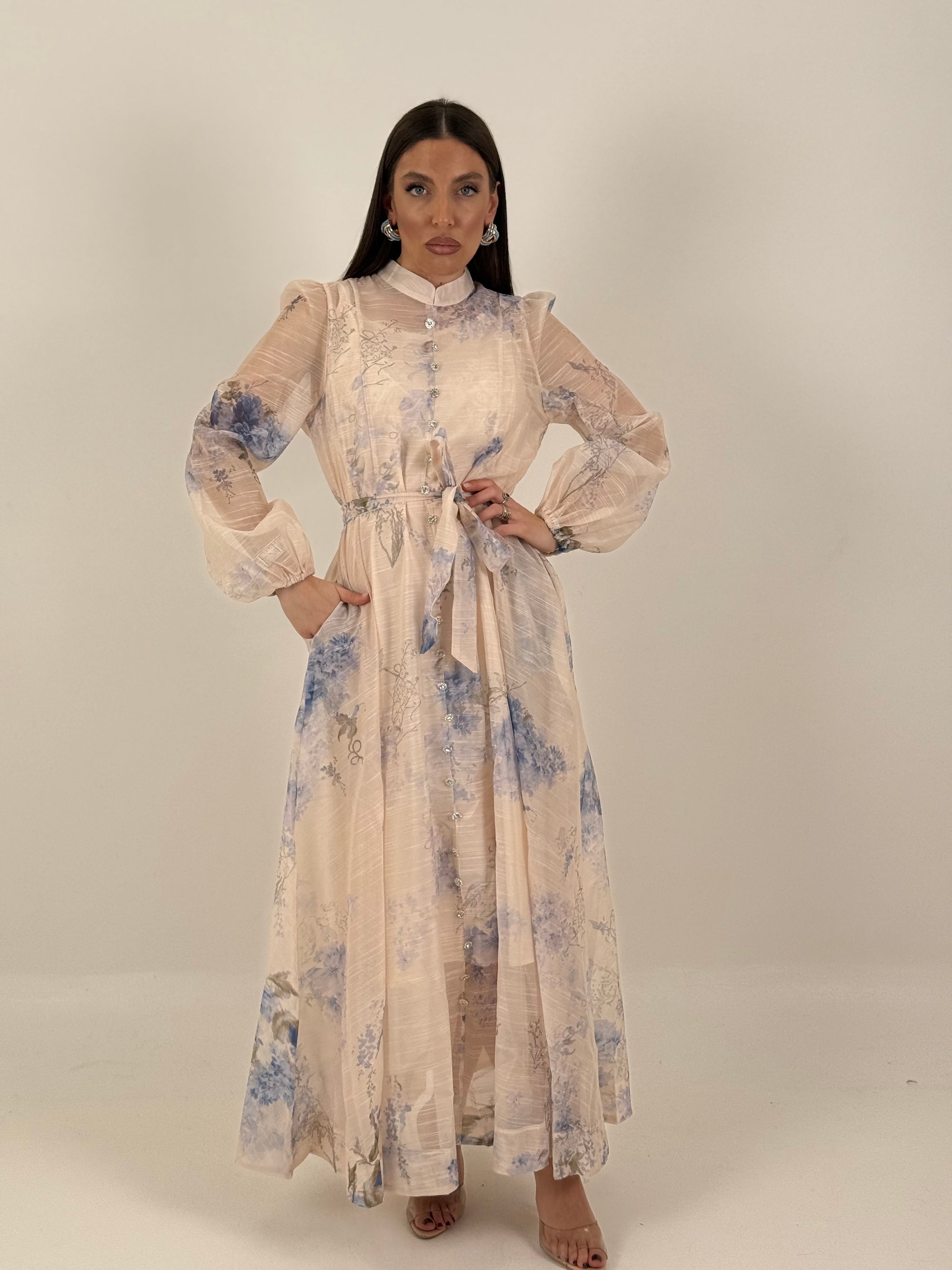 Abito lungo ciclamino - abito lungo in chiffon con fiori celeste e bianco - collezione chic