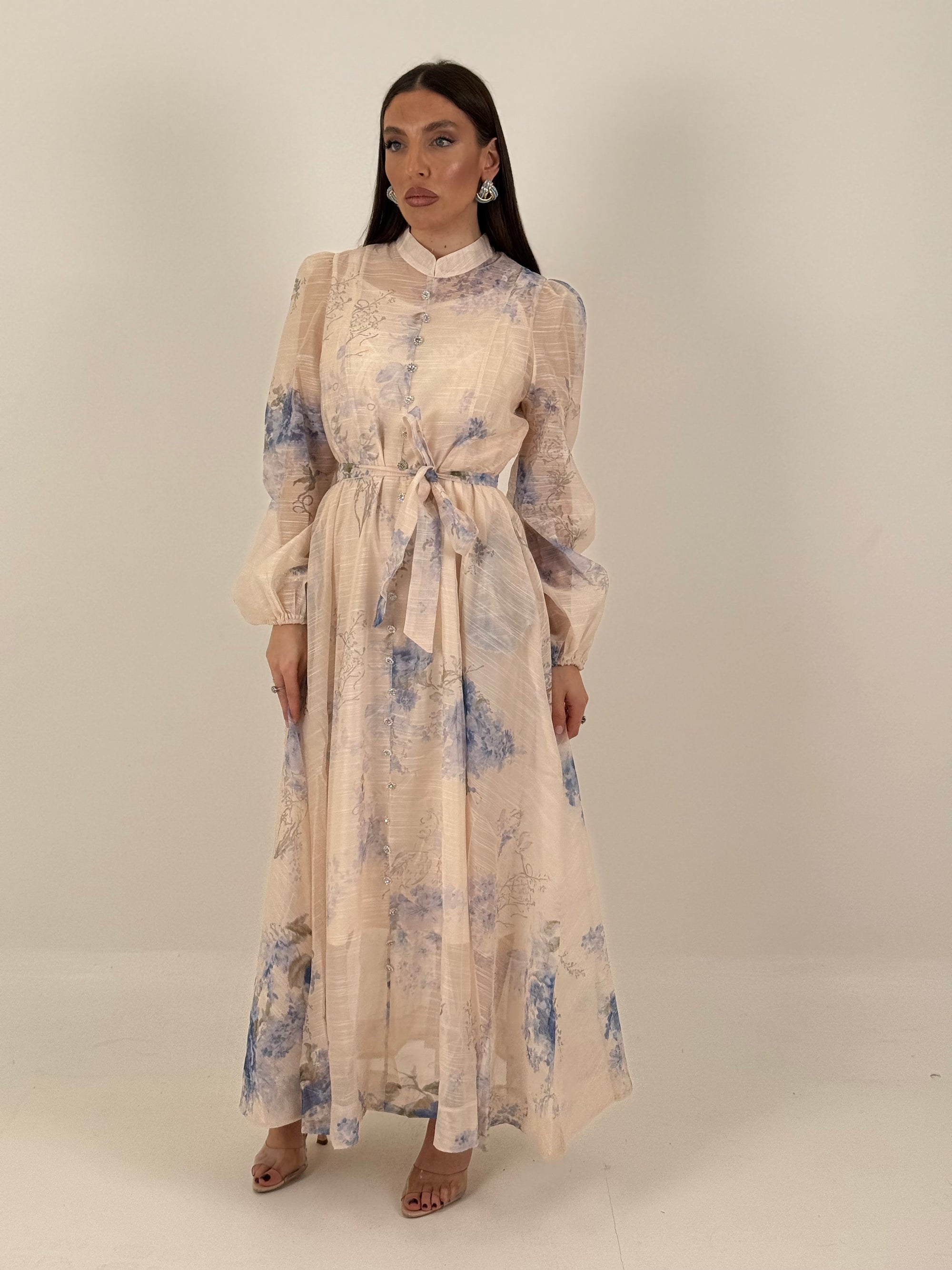 Abito lungo ciclamino - abito lungo in chiffon con fiori celeste e bianco - collezione chic