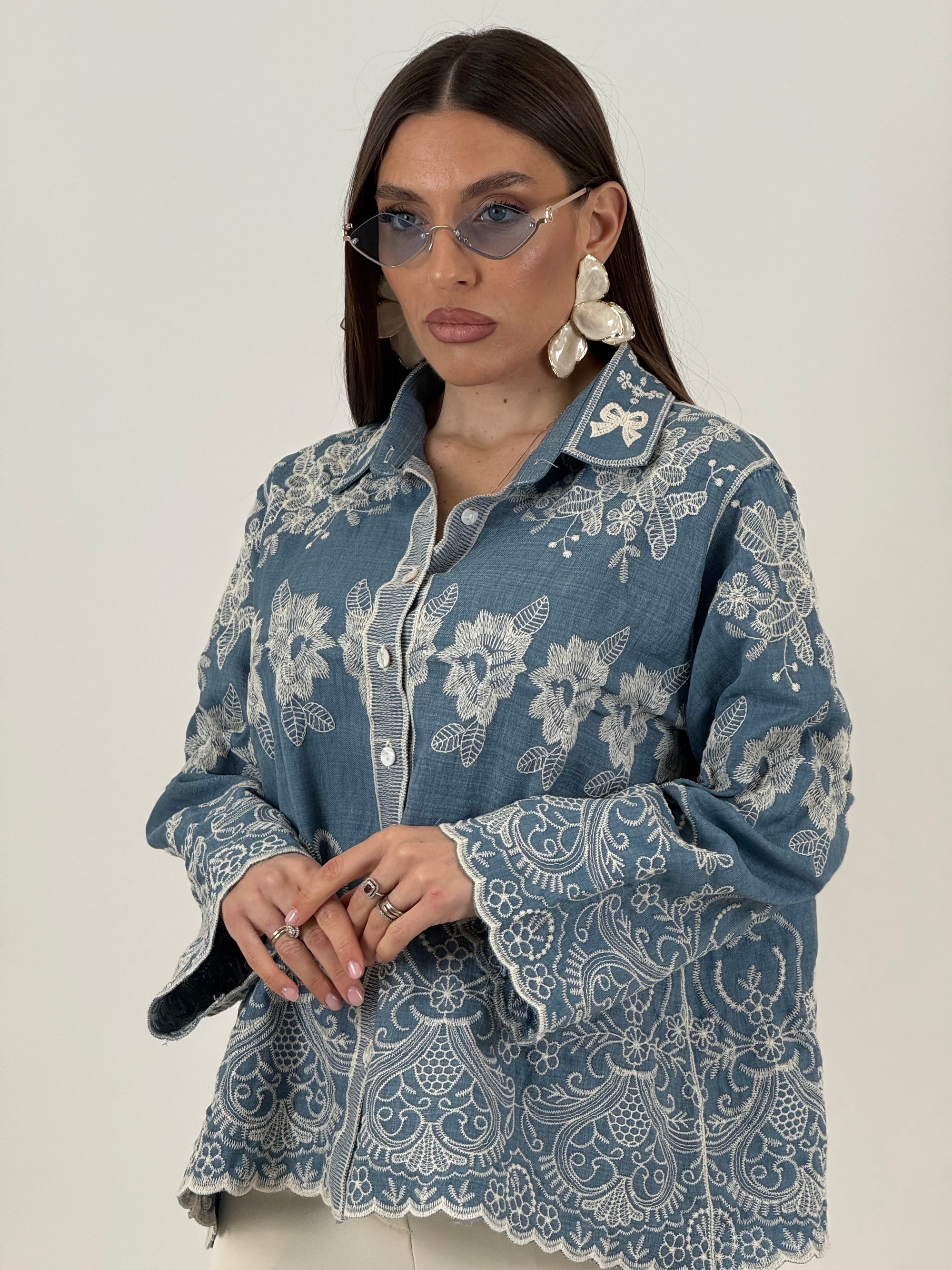Camicia VIKTORI - camicia effetto jeans con decori in pizzo beige