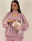 Cordset EMINE - Completo blusa con piume e pantalone - completo sartoriale